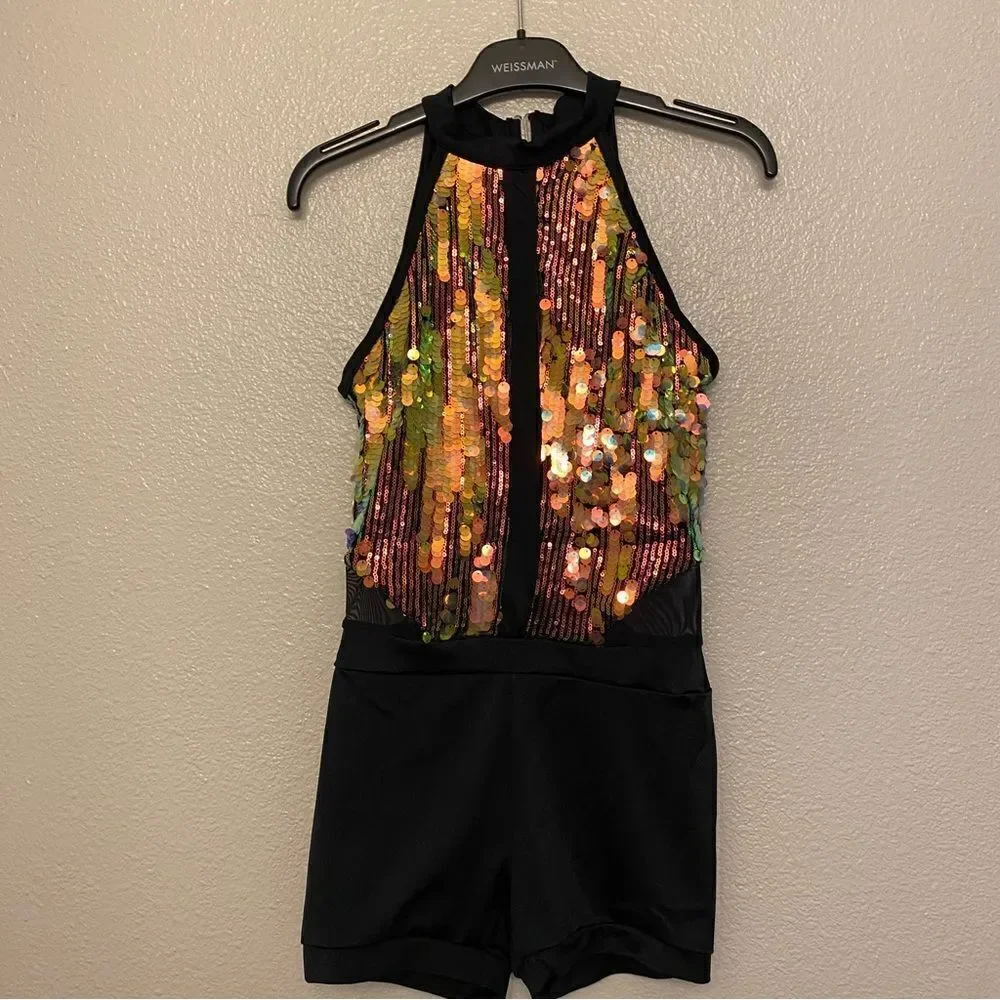 WEISSMAN Dance costume jazz black mesh gold sequin We Will Rock You 14757 SA